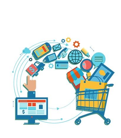 Illustration of an online store feeding products into a shopping cart