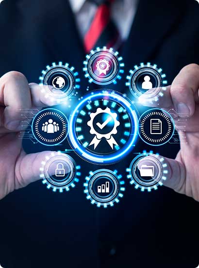 A business person holding a ring of connected enterprise software icons