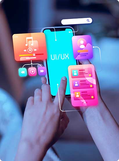 Hands holding a smartphone showing UI/UX design panels for a mobile app