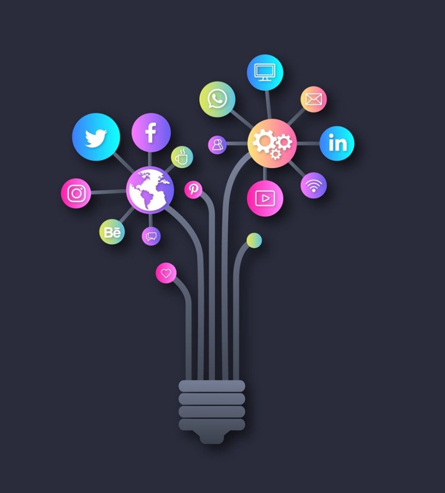 A lightbulb formed from social media and digital marketing icons